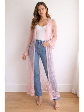 la Vie en Rose Pink Sheer Mesh Lace Kimono Maxi Duster Cover Up Festival Boho